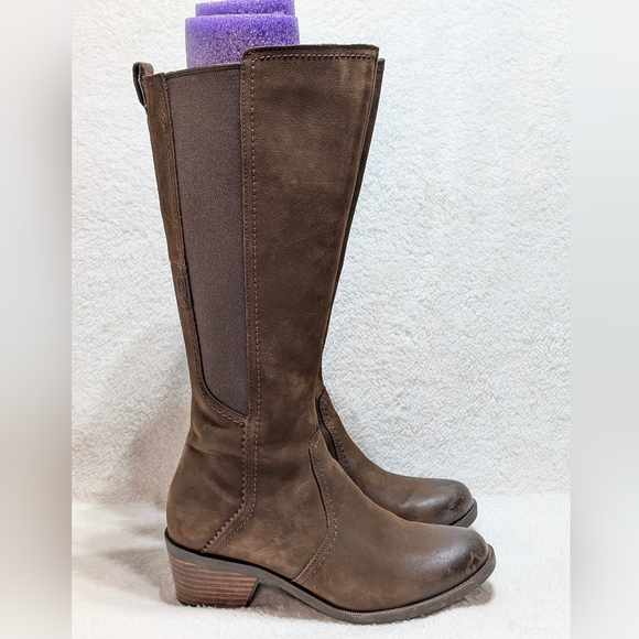 Teva Anaya Women's Sz 7 Waterproof Brown Leather Suede Tall Boots Block Heel - Picture 1 of 12